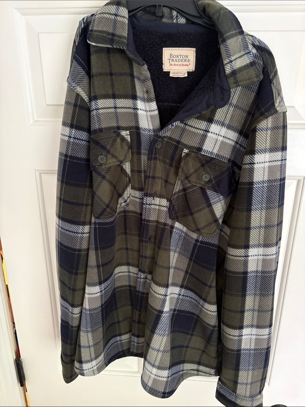 Boston Traders Olive & Navy Plaid Sherpa-Lined Shirt Jacket